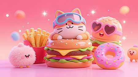 Cute cartoon cat and hamburger on pink background. 3d rendering