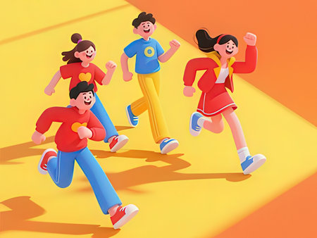 Group of happy kids running together. Vector illustration in cartoon style.