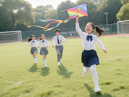 happy asian schoolgirls running with kite on football field in morningの写真素材