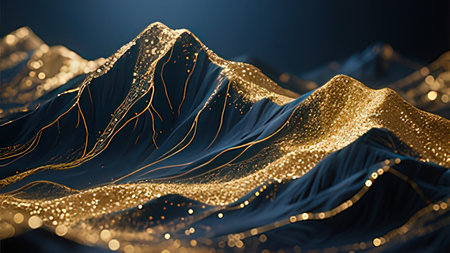 Abstract 3d rendering of golden waves. Technology background with dynamic particles.の写真素材