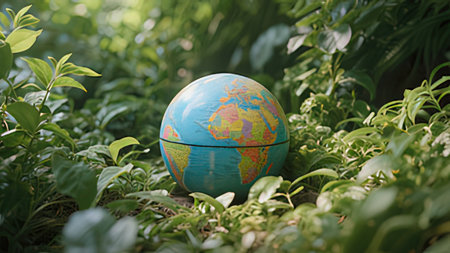 Globe on the grass in the garden. Earth day concept.の写真素材