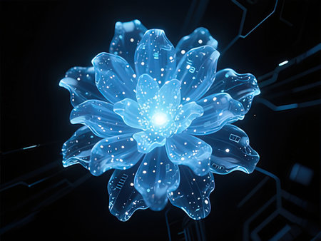 Digital blue glowing flower on black background. 3D rendering toned imageの写真素材