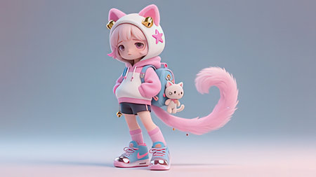 3D Illustration of a Cute Cartoon Pink Kitten Girlの写真素材