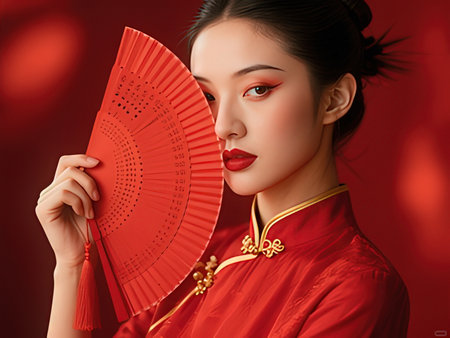 Beautiful asian woman with red fan on a red background.の写真素材