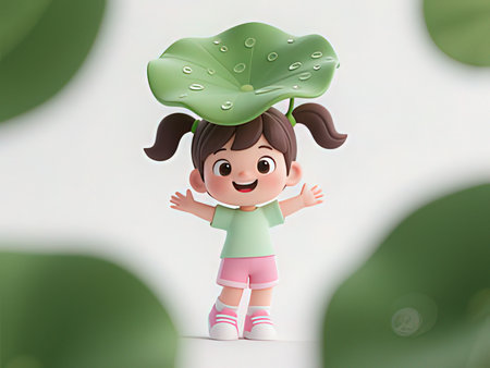 3d rendering of a cute little girl with a lotus leafの写真素材