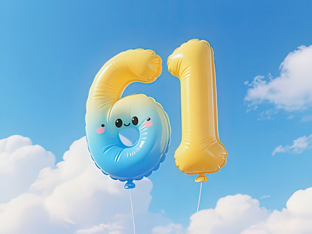 Number 61 birthday balloon with blue sky background. 3D Render Illustrationの写真素材