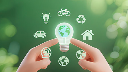 Eco friendly environment concept with hands holding a lightbulb over green background