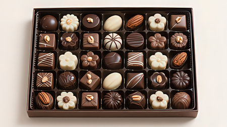 Box of assorted chocolates on white background. Top view.