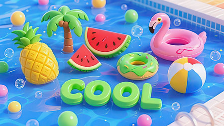 Swimming pool with inflatable ring, watermelon, pineapple and flamingo
