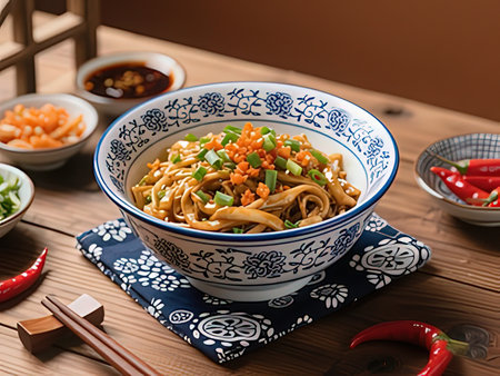 Bowl of yakisoba noodles with vegetables and sauce on wooden table