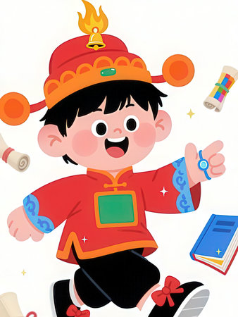 Happy Chinese new year. Little boy dressed in traditional costume. Vector illustration.の写真素材