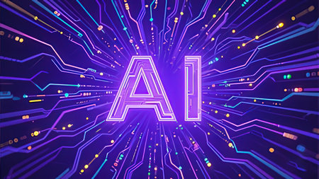 Artificial intelligence neon sign. Futuristic technology background. Vector illustration.の写真素材