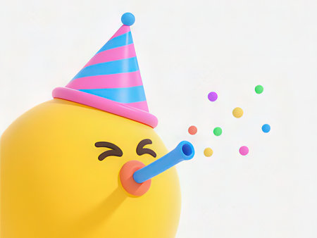 Cute Yellow Emoticon with Party Hat and Party Hat on White Backgroundの写真素材