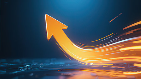3d rendering of orange arrow on blue background. Success concept.の写真素材