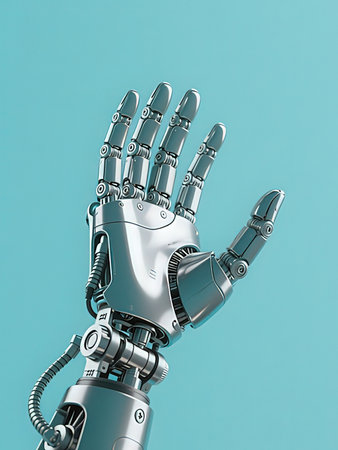 Robot hand isolated on blue background. 3d rendering robot hand