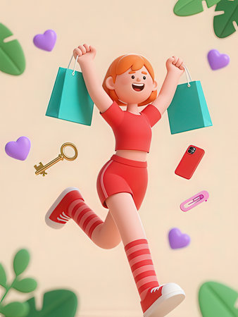 Happy girl jumping with shopping bags and keys. 3d illustration.