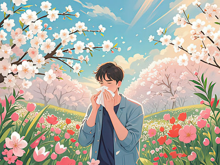 Young man sneezing in the spring garden. Vector illustration.の写真素材