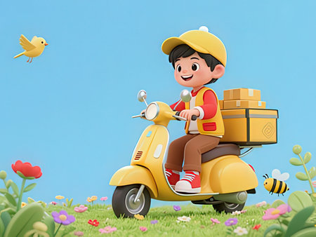 3d illustration of a boy riding a scooter with a boxの写真素材