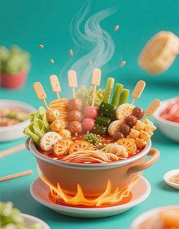 Korean hot pot with noodles and vegetables, 3d rendering.の写真素材