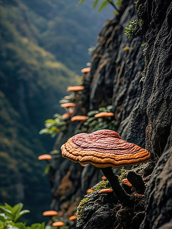 Mushrooms growing on a tree trunk in the rainforest.の写真素材