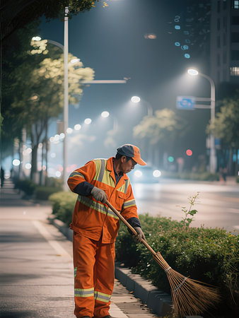 Asian worker cleaning the street in the city at night with a broom
