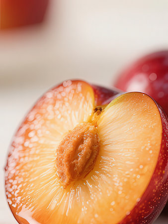 Red plums on a wooden table. Shallow dof.
