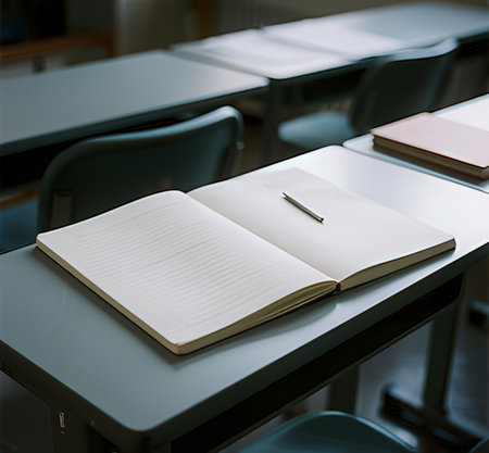 Notebook and pen on table in classroom, education and learning conceptの写真素材