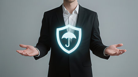 Businessman holding protection shield icon in his hands. 3D renderingの写真素材