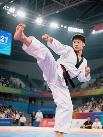 Unidentified fighter in taekwondo championship in Pattaya, Thailand.の写真素材