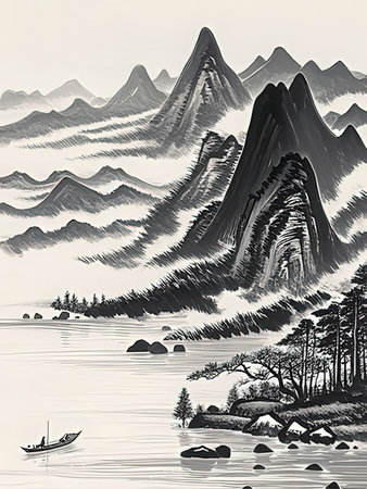 Mountains and lake in the style of hand-drawn illustration.の写真素材
