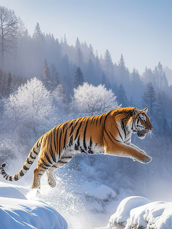 Siberian Tiger running in the winter forest. Beautiful winter landscape.の写真素材