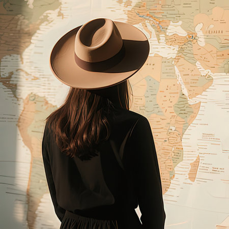 Young woman in hat looking at world map. Travel and tourism conceptの写真素材