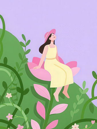 Beautiful pregnant woman in a field of flowers. Vector illustration.の写真素材
