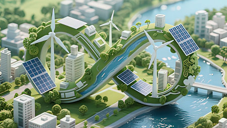 3d render of green city with wind turbines and solar panels.