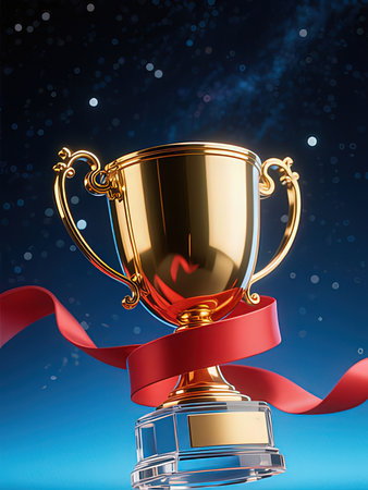 Trophy with red ribbon on a blue background. 3d rendering