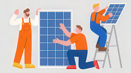 Vector illustration of workers installing solar panels. Renewable energy concept.