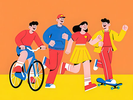 Vector illustration of a group of people riding a bicycle, skateboard and roller skatesの写真素材