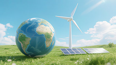 Wind turbines and solar panels on a green meadow. 3d rendering