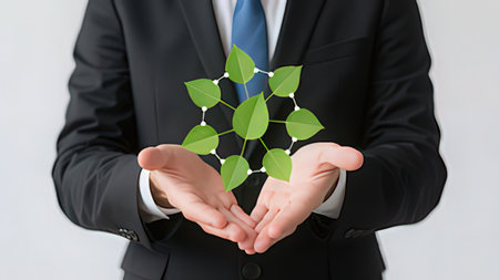 Businessman holding a green plant in the form of a molecule.の写真素材