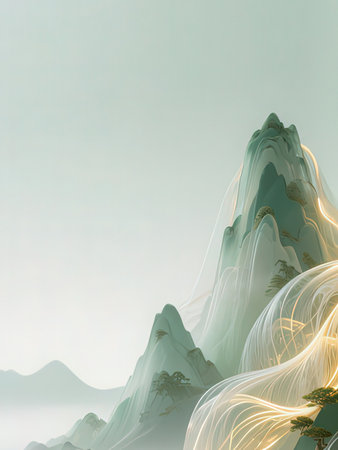 Mountain landscape with glowing lines on a foggy day. 3D illustrationの写真素材