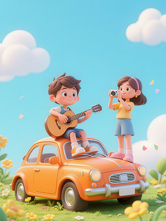 Children playing the guitar in the car. 3d illustration. Cartoon style.