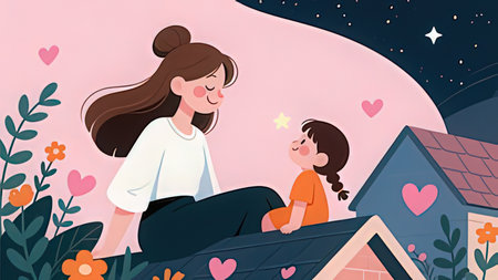 Mother and daughter sitting on the roof of the house, vector illustrationの写真素材
