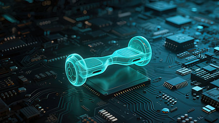 Close-up view of circuit board with high tech car 3D renderingの写真素材