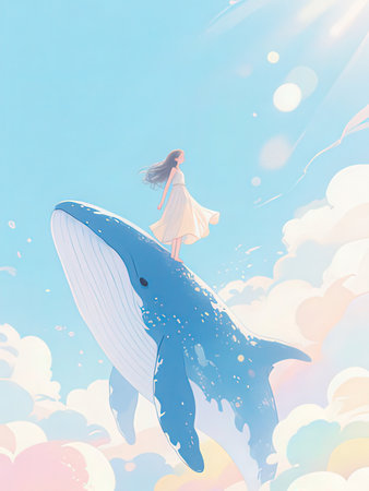 Illustration of a beautiful girl and a big whale in the skyの写真素材