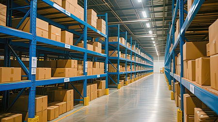 Warehouse or storehouse with rows of boxes. Warehouse interior.