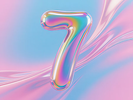 3D illustration of holographic number 7 on pink and blue background
