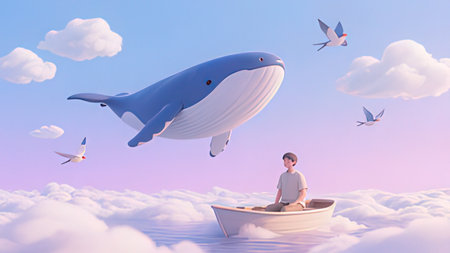 3D illustration of a man and a big whale floating in the cloudsの写真素材