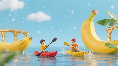 Two young men canoeing in the river with banana. 3d renderingの写真素材