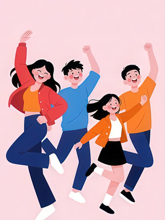Happy family jumping together. Vector illustration in flat cartoon style. Isolated on white background.の写真素材