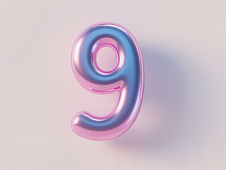Glossy metallic number 9 on white background. 3D renderingの写真素材